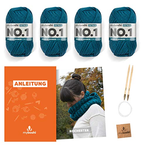 myboshi Strickset Rundschal Rochester, inkl. No.1 Wolle, Nadel und Anleitung, für Mützen und Schals, Strickpaket, 30% Merinowolle Petrol mit Rundstricknadel von myboshi