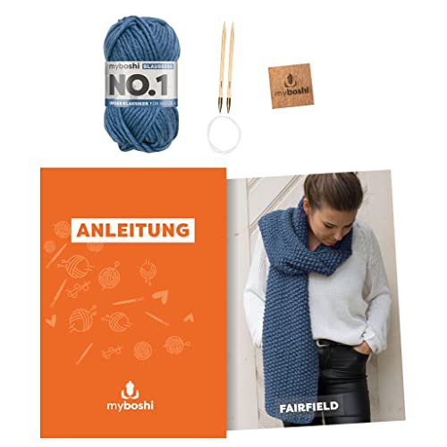 myboshi Strickset Schal Fairfield, Strickset für Anfänger, inkl. No.1 Wolle, Nadel und Anleitung, Strickpaket, 30% Merinowolle Blau mit Rundstricknadel von myboshi