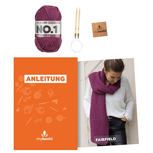 myboshi Strickset Schal Fairfield, Strickset für Anfänger, inkl. No.1 Wolle, Nadel und Anleitung, Strickpaket, 30% Merinowolle Lila mit Rundstricknadel von myboshi