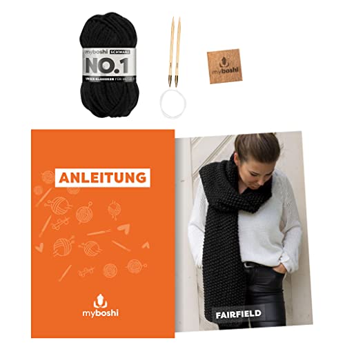 myboshi Strickset Schal Fairfield, Strickset für Anfänger, inkl. No.1 Wolle, Nadel und Anleitung, Strickpaket, 30% Merinowolle Schwarz mit Rundstricknadel von myboshi