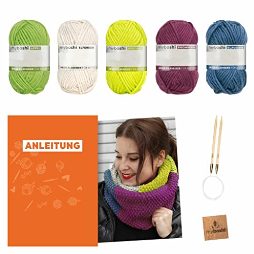 myboshi Strickset Schal New Haven, inkl. No.1 Wolle, Rundstricknadel, Anleitung und Label, Strickpaket für Anfänger, 30% Merinowolle, Grün mit Rundstricknadel von myboshi