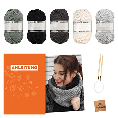 myboshi Strickset Schal New Haven, inkl. No.1 Wolle, Rundstricknadel, Anleitung und Label, Strickpaket für Anfänger, 30% Merinowolle, Grau mit Rundstricknadel von myboshi