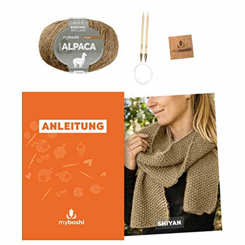 myboshi Strickset Schal Shiyan, inkl. Alpaca Wolle, Nadel und Anleitung, für Oberbekleidung, Strickpaket, 10% Alpaka, 25% Schurwolle Braun mit Rundstricknadel von myboshi