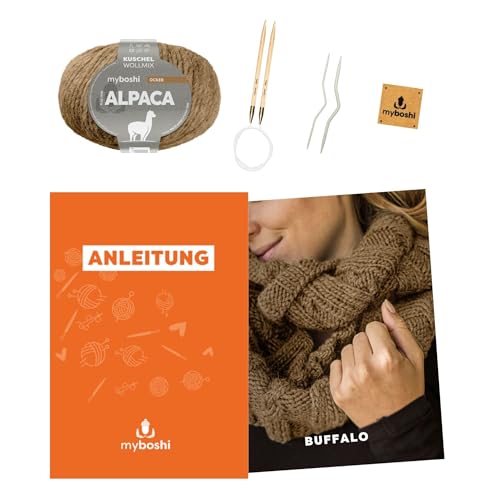 myboshi Strickset Schlauchschal Buffalo, inkl. Alpaca Wolle, Nadel und Anleitung, für Oberbekleidung, Strickpaket, 10% Alpaka, 25% Schurwolle Braun mit Rundstricknadel von myboshi