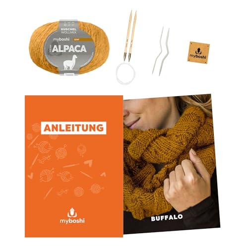 myboshi Strickset Schlauchschal Buffalo, inkl. Alpaca Wolle, Nadel und Anleitung, für Oberbekleidung, Strickpaket, 10% Alpaka, 25% Schurwolle Gelb mit Rundstricknadel von myboshi