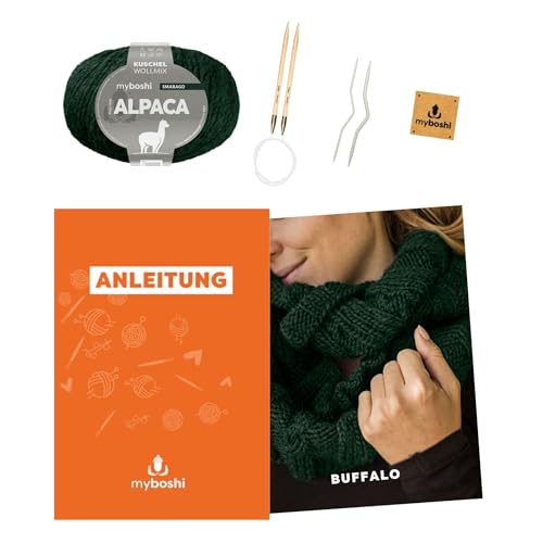 myboshi Strickset Schlauchschal Buffalo, inkl. Alpaca Wolle, Nadel und Anleitung, für Oberbekleidung, Strickpaket, 10% Alpaka, 25% Schurwolle Grün mit Rundstricknadel von myboshi