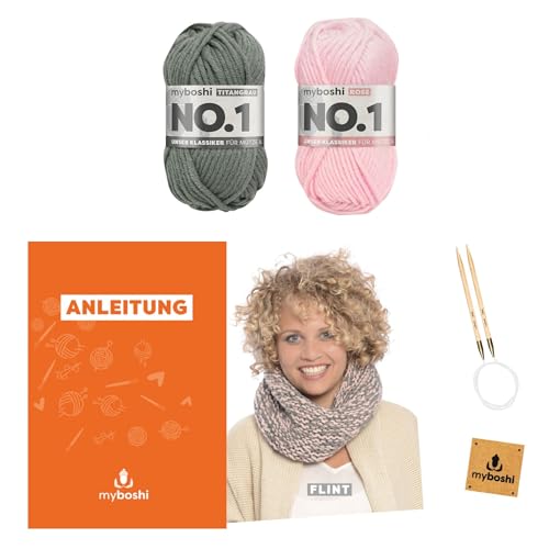 myboshi Strickset Schlauchschal Flint, Strickset für Anfänger, inkl. No.1 Wolle, Rundstricknadel, Anleitung und Label, 30% Merinowolle Rosa mit Rundstricknadel von myboshi