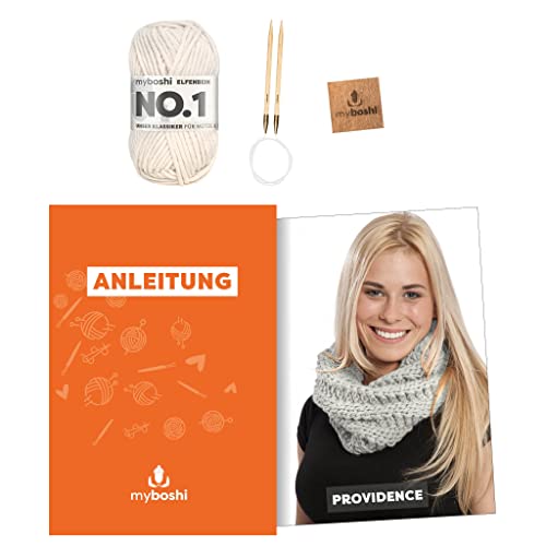 myboshi Strickset Schlauchschal Providence, inkl. No.1 Wolle, Nadel und Anleitung, für Mützen und Schals, Strickpaket, 30% Merinowolle Beige mit Stricknadel von myboshi