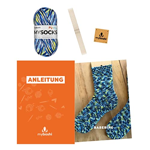 myboshi Strickset Socken Baberine, inkl. mysocks Pixel Sockenwolle, Nadelspiel, Anleitung Label in Lederoptik, 75% Schurwolle, 25% Polyamid, Blau (Otis) mit Nadelspiel von myboshi