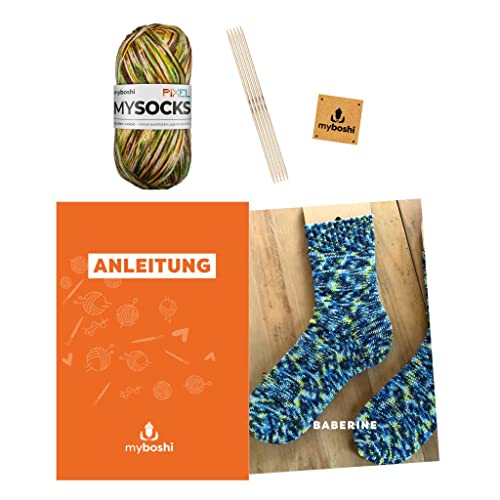 myboshi Strickset Socken Baberine, inkl. mysocks Pixel Sockenwolle, Nadelspiel, Anleitung Label in Lederoptik, 75% Schurwolle, 25% Polyamid, Braun (Copper) mit Nadelspiel von myboshi