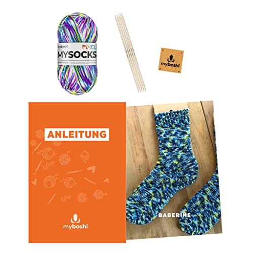 myboshi Strickset Socken Baberine, inkl. mysocks Pixel Sockenwolle, Nadelspiel, Anleitung Label in Lederoptik, 75% Schurwolle, 25% Polyamid, Lila (Dotty) mit Nadelspiel von myboshi