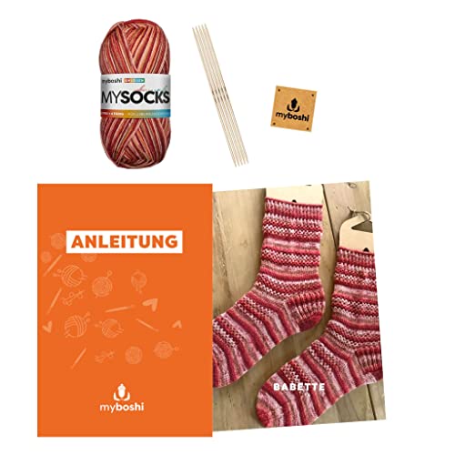 myboshi Strickset Socken Babette, inkl. mysocks Sockenwolle, Nadelspiel, Anleitung Label in Lederoptik, 75% Schurwolle, 25% Polyamid, Rot (Knudsen) mit Nadelspiel von myboshi