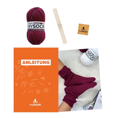 myboshi Strickset Socken Buket, inkl. mysocks 4-fädige Sockenwolle, Nadelspiel, Anleitung, Label, 75% Schurwolle, 25% Polyamid, Rot mit Nadelspiel von myboshi