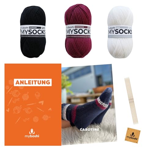 myboshi Strickset Socken Cabotine, inkl. mysocks Uni Sockenwolle, Nadelspiel, Anleitung, Label, 75% Schurwolle, 25% Polyamid, Blau mit Nadelspiel von myboshi