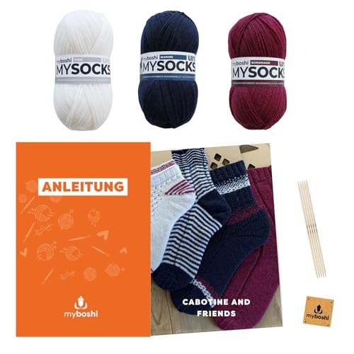 myboshi Strickset Socken Cabotine & Friends für 4 Paar Socken, inkl. 4-fädige Sockenwolle, Nadelspiel, Anleitung, Label, 75% Schurwolle, 25% Polyamid, Weiß-Blau-Rot mit Nadelspiel von myboshi