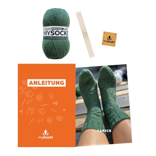 myboshi Strickset Socken Carice, inkl. mysocks Uni Sockenwolle, Nadelspiel, Anleitung, Label, 75% Schurwolle, 25% Polyamid, Grün mit Nadelspiel von myboshi