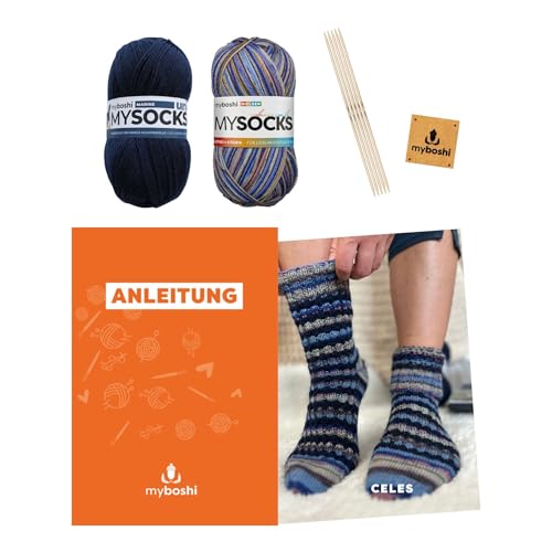 myboshi Strickset Socken Celes, inkl. mysocks 4-fädige Sockenwolle, Nadelspiel, Anleitung, Label, 75% Schurwolle, 25% Polyamid, Blau mit Nadelspiel von myboshi