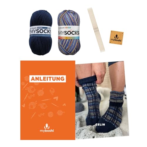 myboshi Strickset Socken Celin, inkl. mysocks 4-fädige Sockenwolle, Nadelspiel, Anleitung, Label, 75% Schurwolle, 25% Polyamid, Blau mit Nadelspiel von myboshi