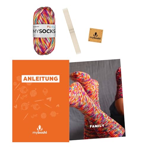 myboshi Strickset Socken Family, Strickset für Fortgeschrittene, inkl. mysocks Pixel Sockenwolle, Nadelspiel, Anleitung und Label, 75% Schurwolle, 25% Polyamid, Orange (Spark) mit Nadelspiel von myboshi