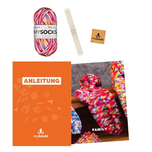 myboshi Strickset Socken Family, Strickset für Fortgeschrittene, inkl. mysocks Pixel Sockenwolle, Nadelspiel, Anleitung und Label, 75% Schurwolle, 25% Polyamid, Rot (Nova) mit Nadelspiel von myboshi