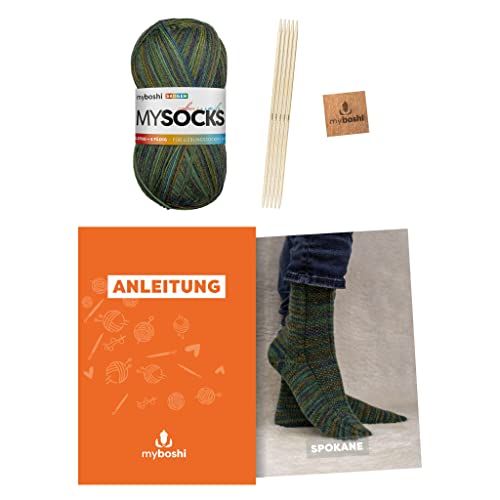 myboshi Strickset Socken Spokane, Strickset für Anfänger, inkl. mysocks, 4-fädige Sockenwolle, Nadelspiel, Anleitung, Label, 75% Schurwolle, 25% Polyamid Grün (Skogen) mit Nadelspiel von myboshi