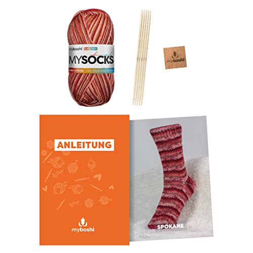 myboshi Strickset Socken Spokane, Strickset für Anfänger, inkl. mysocks, 4-fädige Sockenwolle, Nadelspiel, Anleitung, Label, 75% Schurwolle, 25% Polyamid Knudsen mit Nadelspiel von myboshi