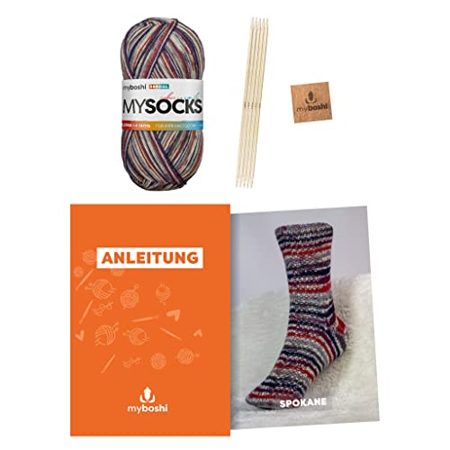 myboshi Strickset Socken Spokane, Strickset für Anfänger, inkl. mysocks, 4-fädige Sockenwolle, Nadelspiel, Anleitung, Label, 75% Schurwolle, 25% Polyamid Lila (Berdal) mit Nadelspiel von myboshi