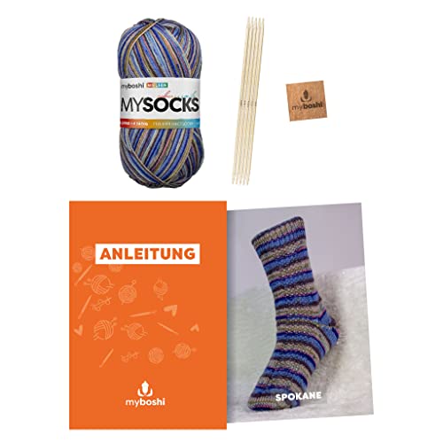 myboshi Strickset Socken Spokane, Strickset für Anfänger, inkl. mysocks, 4-fädige Sockenwolle, Nadelspiel, Anleitung, Label, 75% Schurwolle, 25% Polyamid Nielsen mit Nadelspiel von myboshi