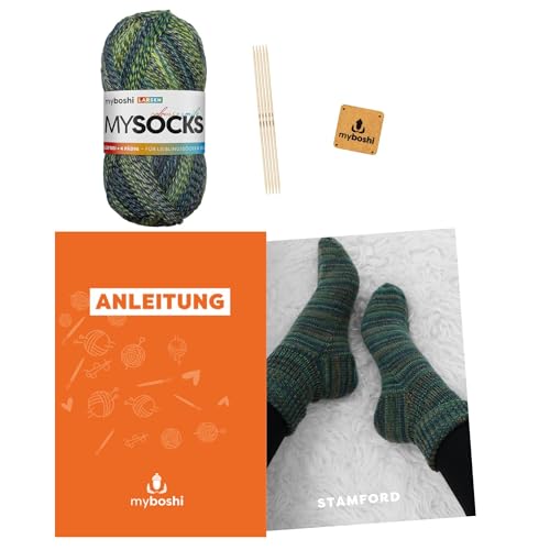 myboshi Strickset Socken Stamford, inkl. mysocks, 4-fädige Sockenwolle, Nadelspiel, Anleitung Label, 75% Schurwolle, 25% Polyamid Grün (Larsen) mit Nadelspiel von myboshi