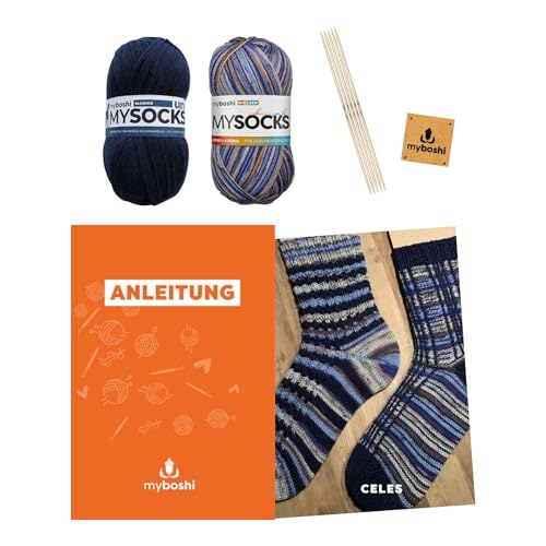 myboshi Strickset Socken Twins für 2 Paar Socken, inkl. mysocks 4-fädige Sockenwolle, Nadelspiel, Anleitung, Label, 75% Schurwolle, 25% Polyamid, Blau mit Nadelspiel von myboshi