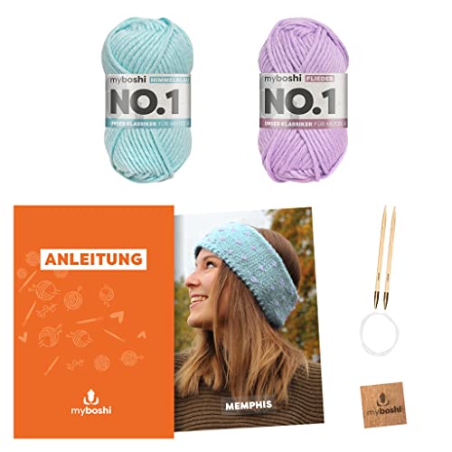 myboshi Strickset Stirnband Memphis, inkl. No.1 Wolle, Nadel und Anleitung, für Mützen und Schals, Strickpaket, 30% Merinowolle Blau mit Rundstricknadel von myboshi