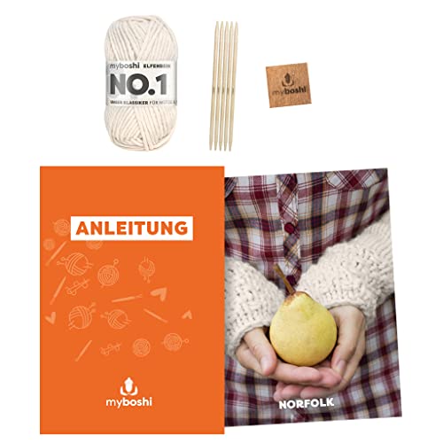 myboshi Strickset Stulpen Norfolk, inkl. No.1 Wolle, Nadel und Anleitung, original Label, Strickpaket, 30% Merinowolle Beige mit Nadelspiel von myboshi