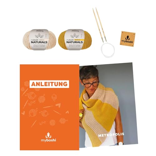 myboshi Strickset Tuch Metropolis, Strickset für Fortgeschrittene, inkl. Naturals Wolle, Rundstricknadel, Anleitung und Label, 100% Wolle (Merinowolle), Gelb mit Rundstricknadel von myboshi