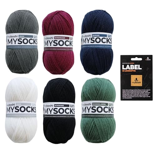 myboshi Unisocks Wollpaket, mysocks Uni Sockenwolle in 6 Farben, Label, 6 Knäuel x 100g, Lauflänge 420m, zum Stricken, Häkeln, Unifarben 6 Knäuel von myboshi