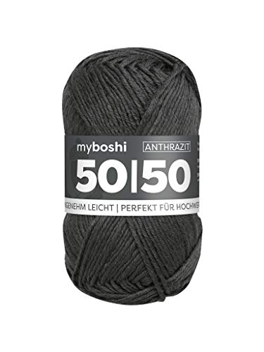 myboshi 50/50-Ganzjahres-Wolle aus Baum- und Merinowolle, für Oberbekleidung geeignet, Mulesing-frei, hochwertiges Häkel-/Strickgarn, 50g, Ll 110m Grau (Anthrazit) 1 Knäuel von myboshi