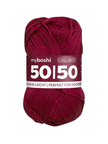 myboshi 50/50-Ganzjahres-Wolle aus Baum- und Merinowolle, für Oberbekleidung geeignet, Mulesing-frei, hochwertiges Häkel-/Strickgarn, 50g, Ll 110m Rot (Chillirot) 1 Knäuel von myboshi