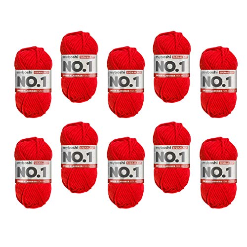 myboshi No.1 Wolle zum Häkeln und Stricken, Schnellstrickgarn, langlebige Mützenwolle, Strickwolle, Häkelwolle, mulesing-frei, 50g, Ll 55m Rot (Signalrot) 10 Knäuel von myboshi