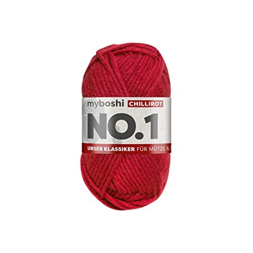 myboshi No.1 Wolle zum Häkeln und Stricken, Schnellstrickgarn, langlebige Mützenwolle, Strickwolle, Häkelwolle, mulesing-frei, 50g, Ll 55m Rot (Chillirot) 1 Knäuel von myboshi