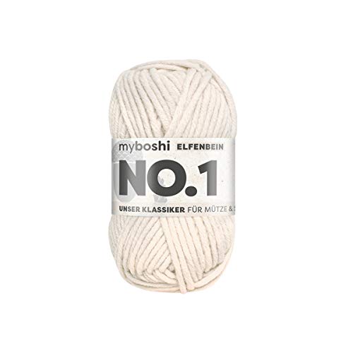 myboshi No.1 Wolle zum Häkeln und Stricken, Schnellstrickgarn, langlebige Mützenwolle, Strickwolle, Häkelwolle, mulesing-frei, 50g, Ll 55m Beige (Elfenbein) 1 Knäuel von myboshi