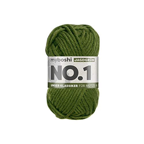 myboshi No.1 Wolle zum Häkeln und Stricken, Schnellstrickgarn, langlebige Mützenwolle, Strickwolle, Häkelwolle, mulesing-frei, 50g, Ll 55m Grün (Jagdgrün) 1 Knäuel von myboshi