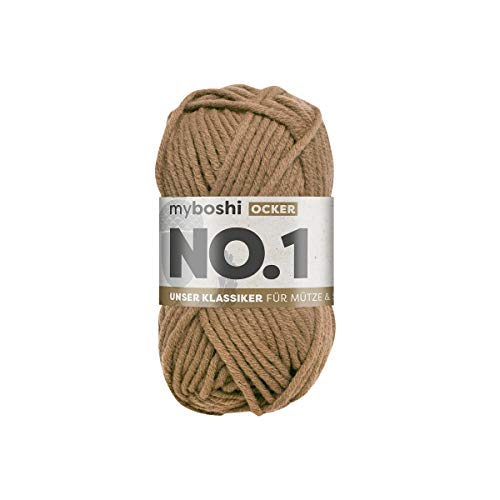 myboshi No.1 Wolle zum Häkeln und Stricken, Schnellstrickgarn, langlebige Mützenwolle, Strickwolle, Häkelwolle, mulesing-frei, 50g, Ll 55m Braun (Ocker) 1 Knäuel von myboshi