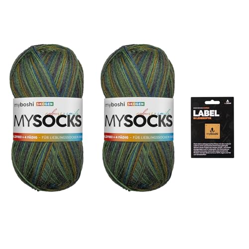 myboshi mysocks, 4-fädige Sockenwolle, Schurwolle, strapazierfähig, langlebig, filzfrei, Aloe Vera behandelt, inkl. myboshi Label in Lederoptik, Grün (Skogen) 2 Knäuel von myboshi