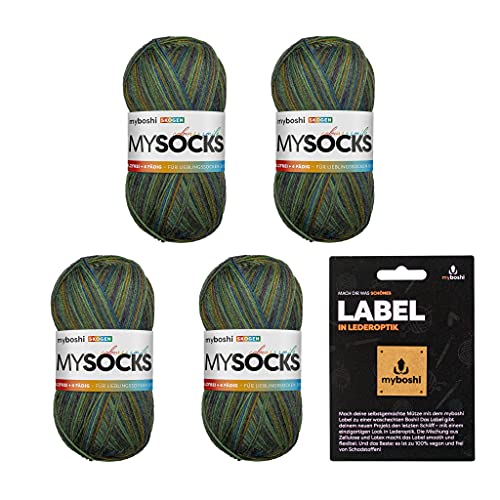 myboshi mysocks, 4-fädige Sockenwolle, Schurwolle, strapazierfähig, langlebig, filzfrei, Aloe Vera behandelt, inkl. myboshi Label in Lederoptik, Grün (Skogen) 4 Knäuel von myboshi