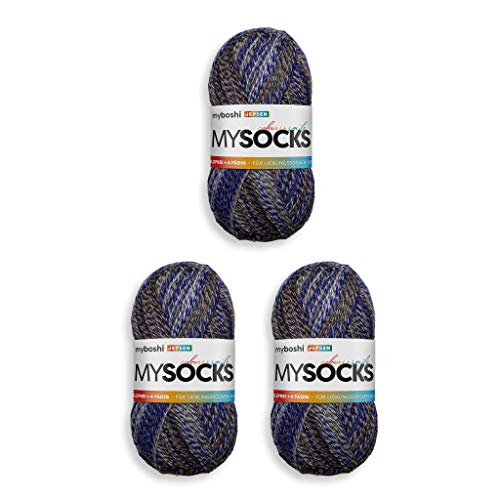 myboshi mysocks, 4-fädige Sockenwolle, strapazierfähiges Garn aus Schurwolle, Ökotex-zertifiziert, filzfrei, 100g, Ll 420m Blau (Jepsen) 3 Knäuel von myboshi