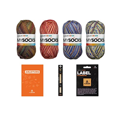 myboshi mysocks Four Elements Wollpaket, 4-fädige Sockenwolle, Sockenanleitung, mit original Label, 4 Knäuel x 100g, Lauflänge 420m, Four Elements 4 Knäuel + Anleitung von myboshi