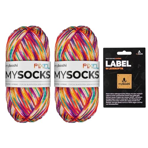 myboshi mysocks Pixel, 6-fädige Sockenwolle, strapazierfähig, Garn, inkl. original Label in Lederoptik aus Schurwolle, filzfrei, 150g, Ll 390m Orange (Spark) 2 Knäuel von myboshi