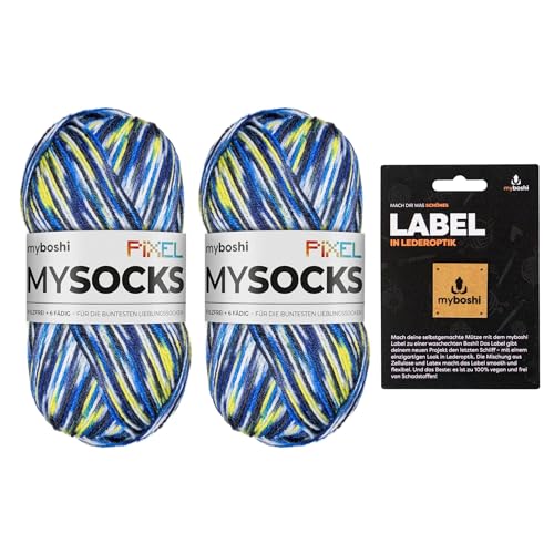 myboshi mysocks Pixel, 6-fädige Sockenwolle, strapazierfähig, Garn, inkl. original myboshi Label in Lederoptik aus Schurwolle, filzfrei, 150g, Ll 390m Blau (Otis) 2 Knäuel von myboshi