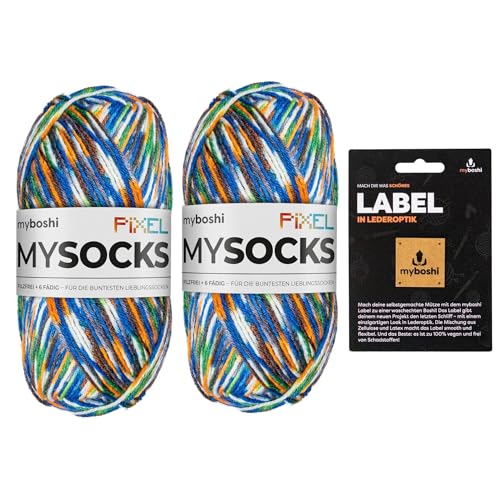 myboshi mysocks Pixel, 6-fädige Sockenwolle, strapazierfähig, Garn, inkl. original myboshi Label in Lederoptik aus Schurwolle, filzfrei, 150g, Ll 390m Grün (Booker) 2 Knäuel von myboshi