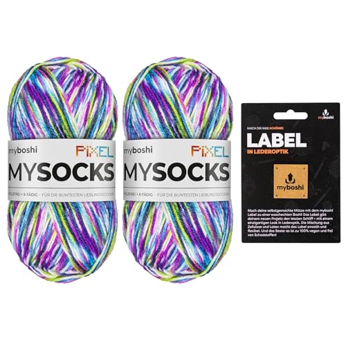 myboshi mysocks Pixel, 6-fädige Sockenwolle, strapazierfähig, Garn, inkl. original myboshi Label in Lederoptik aus Schurwolle, filzfrei, 150g, Ll 390m Lila (Dotty) 2 Knäuel von myboshi