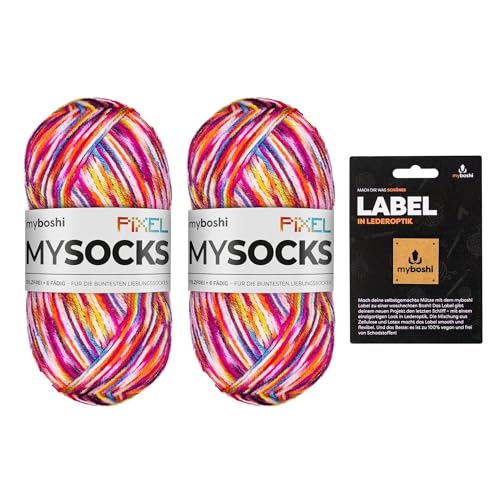 myboshi mysocks Pixel, 6-fädige Sockenwolle, strapazierfähig, Garn, inkl. original myboshi Label in Lederoptik aus Schurwolle, filzfrei, 150g, Ll 390m Rot (Nova) 2 Knäuel von myboshi